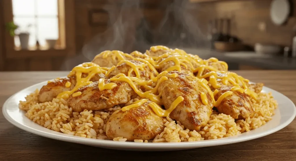 Delicious cheesy chicken and rice with melted cheese, tender chicken pieces, and fluffy rice.