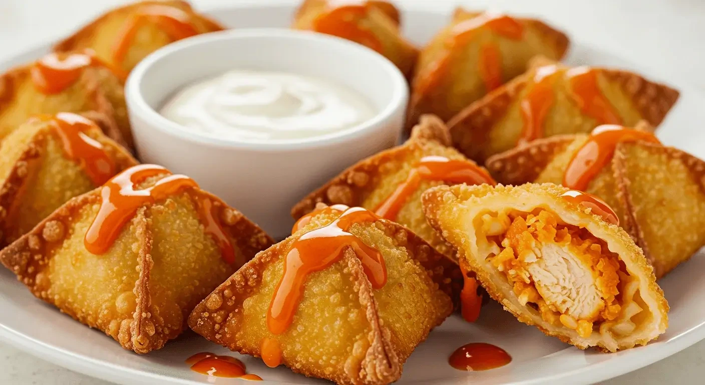 Golden Crispy Buffalo Chicken Wontons on a white platter with dipping sauces.