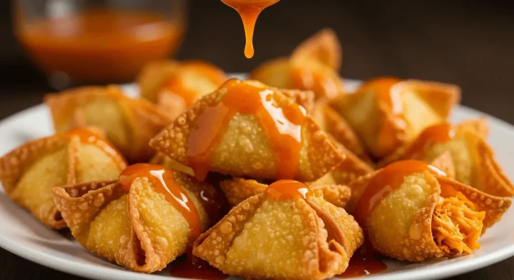 Freshly cooked Crispy Buffalo Chicken Wontons on a serving plate with a side of dipping sauce.