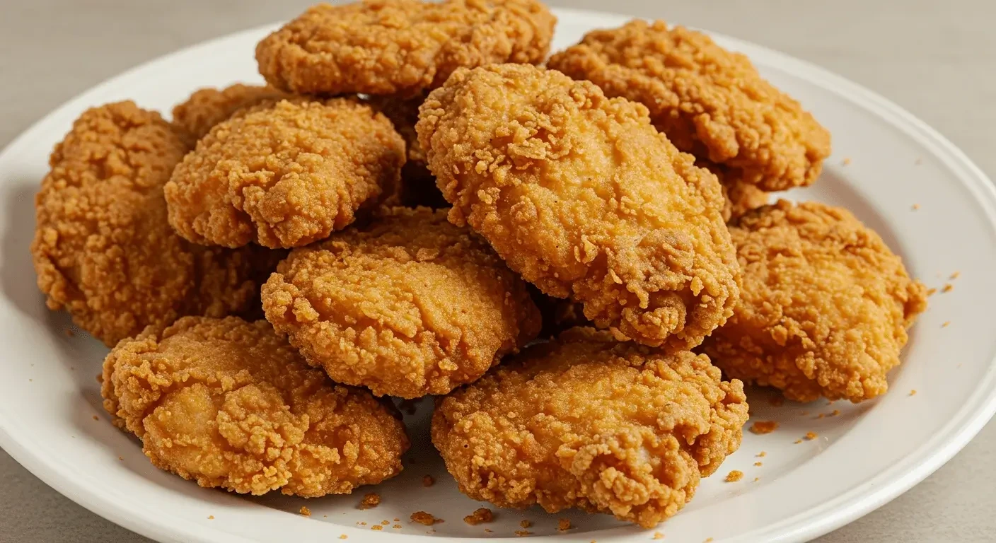 Crispy fried chicken coated with homemade batter, ready to serve.