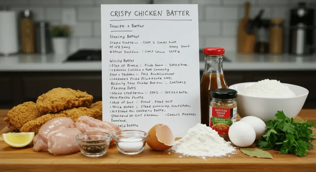 Step-by-step process of dipping chicken in batter before frying for crispy results.