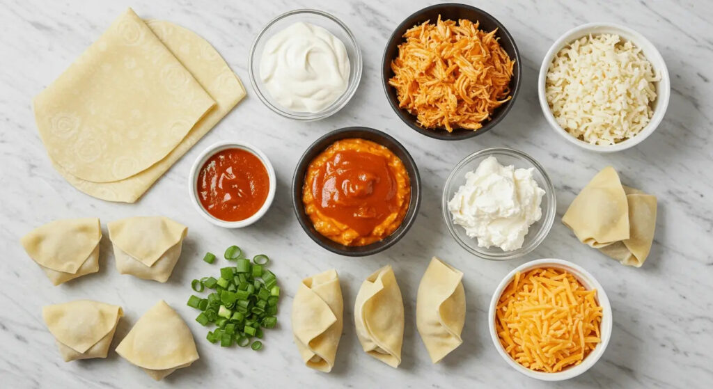 Three Crispy Buffalo Chicken Wontons garnished with herbs and served with dipping sauce