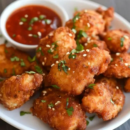 Crispy spicy chicken nuggets served with dipping sauces.