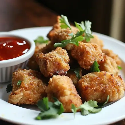 Spicy chicken nuggets with a crispy coating and dipping sauce.