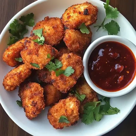 Close-up of crispy spicy chicken nuggets with dipping sauces.