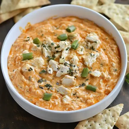 Freshly made buffalo chicken dip with canned chicken, served in a dish with crispy chips for dipping.