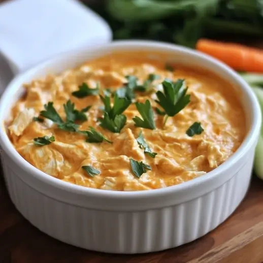 New photo of buffalo chicken dip made with canned chicken, served with chips and veggies.