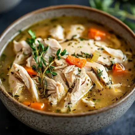 Close-up of a delicious canned chicken casserole topped with cheese and fresh herbs, ready to serve