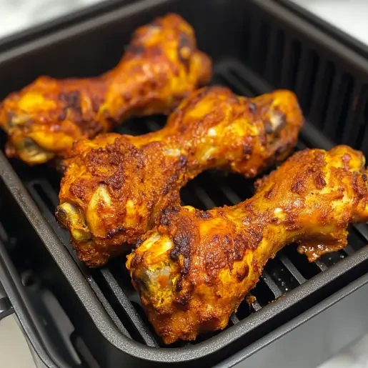 Crispy golden chicken drumsticks cooked in an air fryer, perfectly seasoned and tender