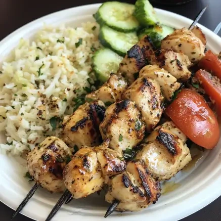 Greek chicken kabob photo featuring grilled chicken, vegetables, and fresh herbs