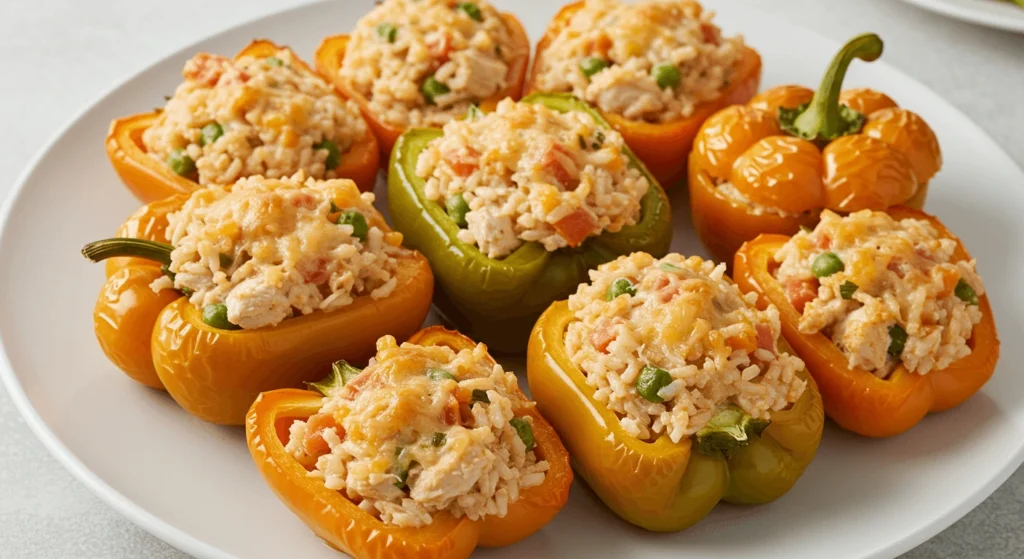 Rustic kitchen scene featuring vibrant bell peppers stuffed with seasoned chicken, rice, and vegetables, topped with melted cheese and garnished with fresh parsley.