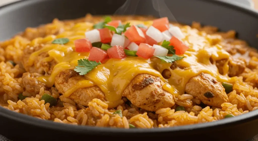 Mexican-Style Cheesy Chicken and Rice topped with melted cheese, fresh cilantro, and a side of lime wedges.