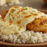 Cheesy chicken and rice casserole with melted cheese, tender chicken, and fluffy rice.