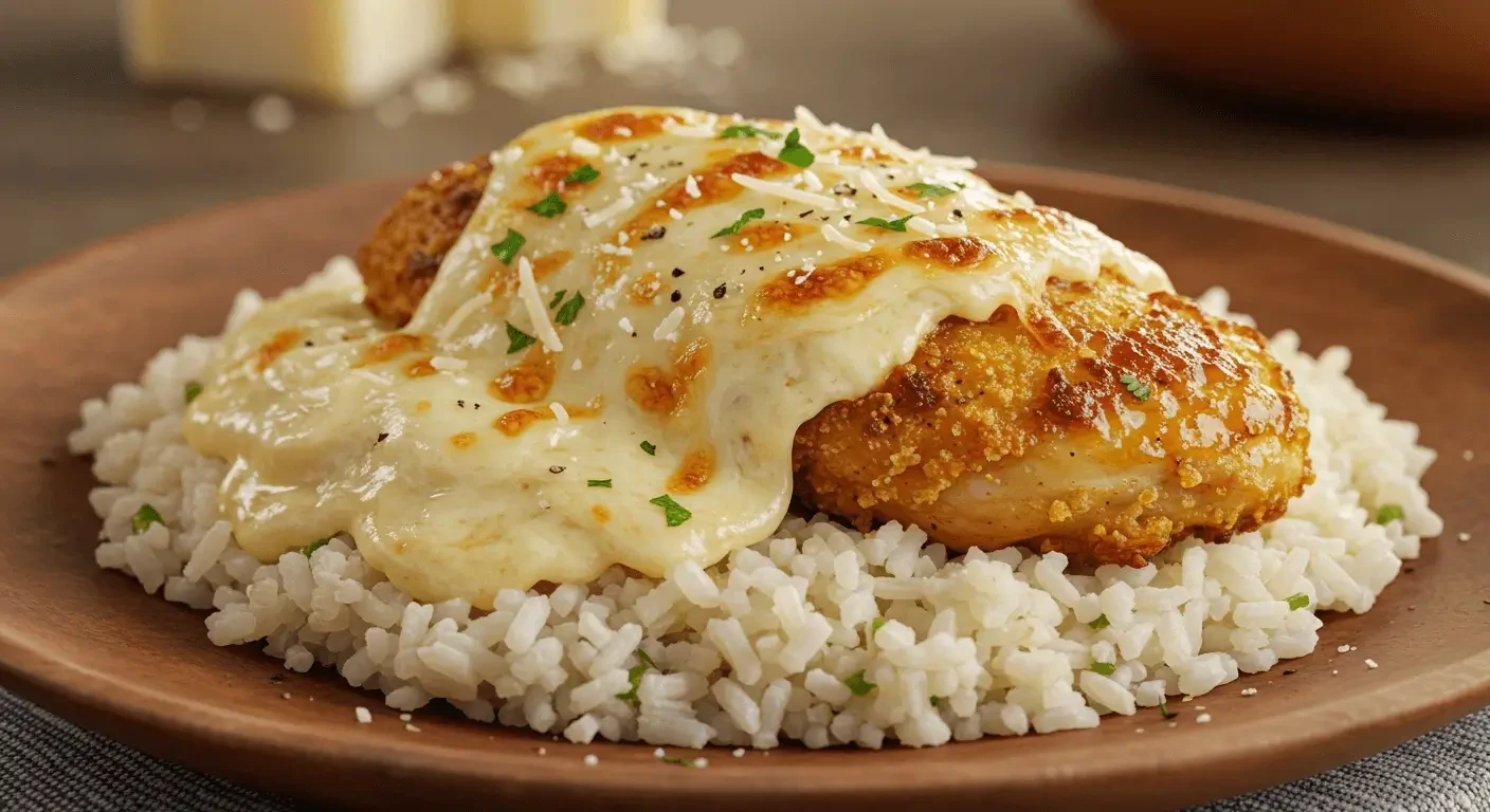 Cheesy chicken and rice casserole with melted cheese, tender chicken, and fluffy rice.