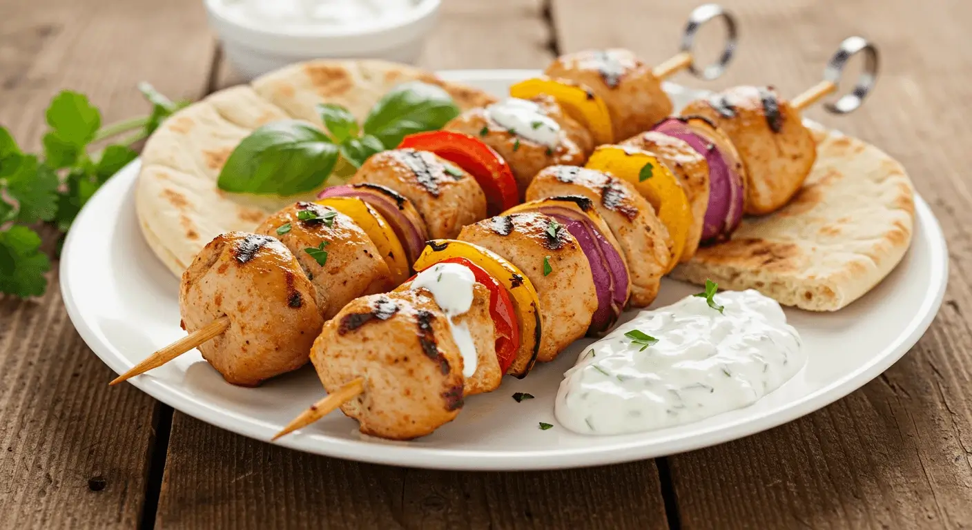 Grilled Greek chicken kebabs on skewers, marinated with herbs and spices, served with a side of tzatziki sauce, fresh salad, and warm pita bread on a rustic platter.