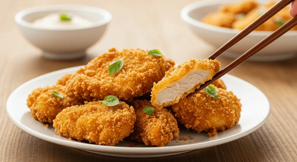 Golden, crispy chicken tempura pieces served on a plate with dipping sauces and a garnish of fresh herbs, set in a warm and inviting kitchen.