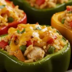 A close-up of perfectly baked chicken stuffed peppers garnished with fresh herbs and served on a rustic wooden plate