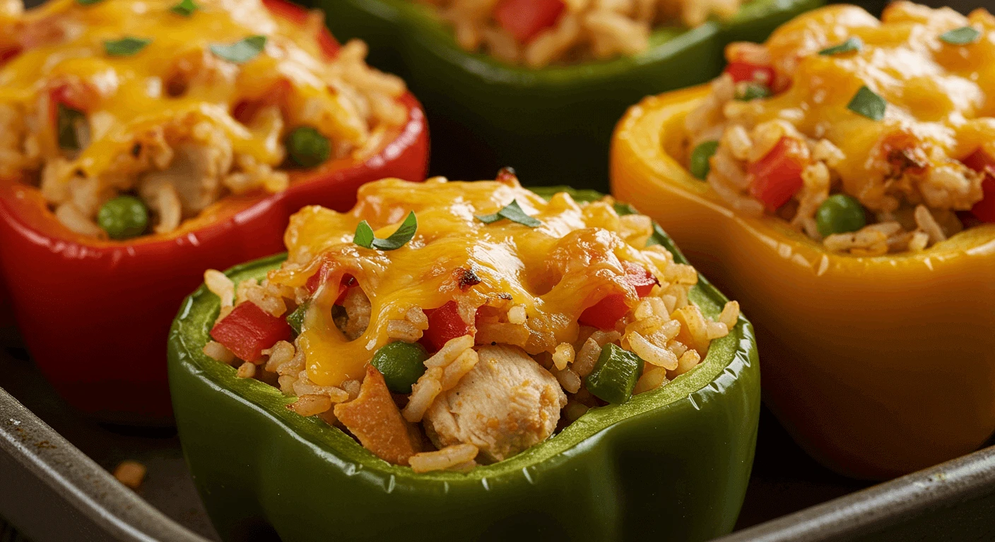 A close-up of perfectly baked chicken stuffed peppers garnished with fresh herbs and served on a rustic wooden plate