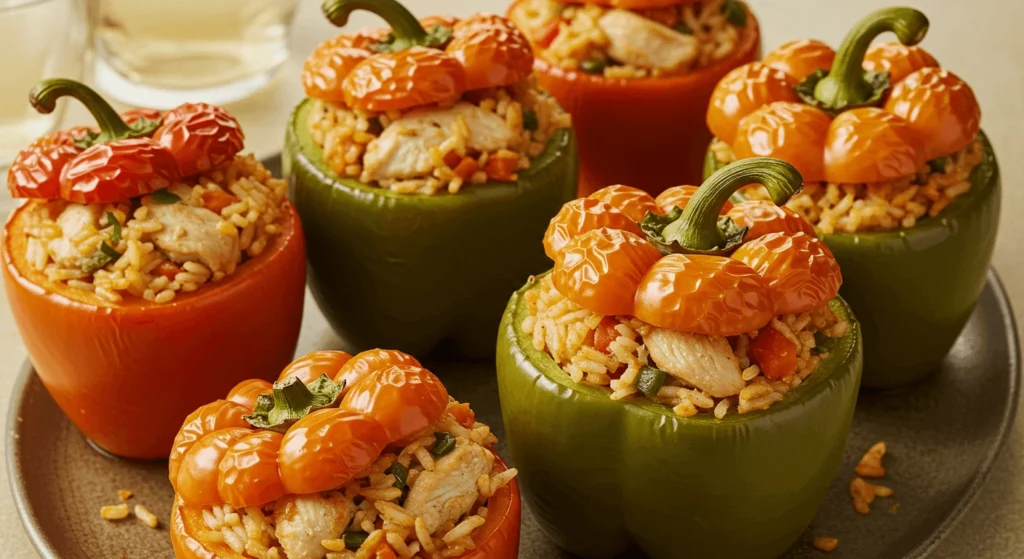 A cozy dining table featuring freshly baked chicken stuffed peppers on a rustic ceramic plate, garnished with fresh basil leaves and surrounded by warm lighting.