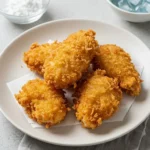 A wooden platter with crispy golden chicken tempura, served with soy sauce and spicy mayonnaise, accompanied by chopsticks and a light salad garnish in a modern kitchen setting