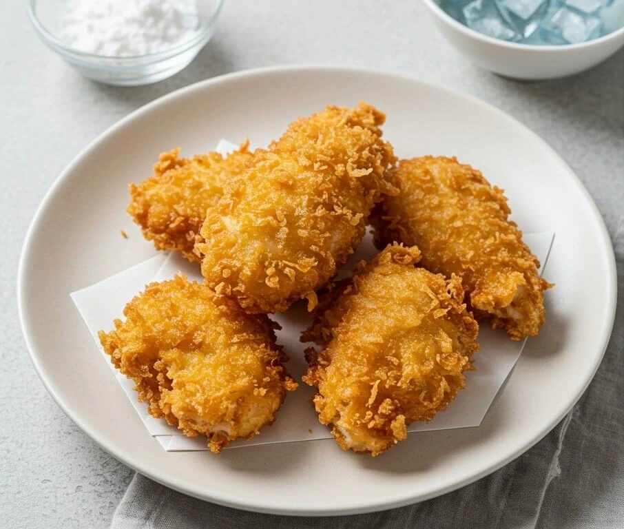 A wooden platter with crispy golden chicken tempura, served with soy sauce and spicy mayonnaise, accompanied by chopsticks and a light salad garnish in a modern kitchen setting