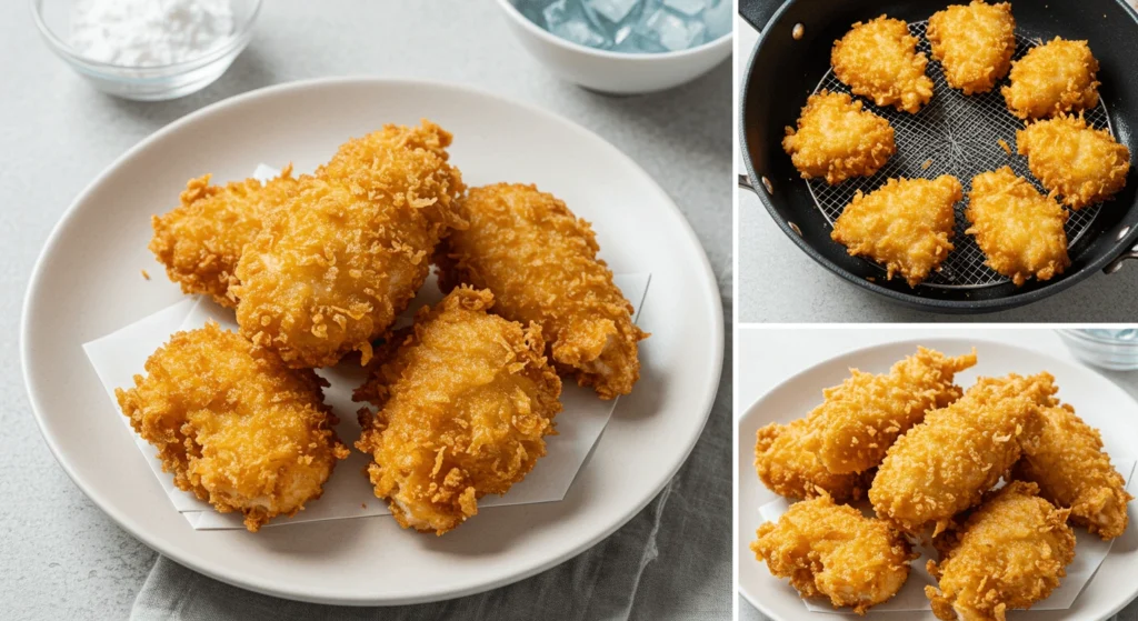 Perfectly golden chicken tempura arranged on a plate with dipping sauces, chopsticks, and a light garnish, set on a clean and modern kitchen counter.