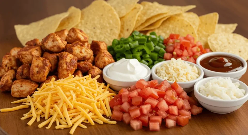 BBQ Chicken Nachos served on a platter with tortilla chips, BBQ chicken, melted cheese, guacamole, sour cream, and cilantro garnish.