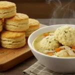 Delicious homemade chicken and dumplings with fluffy biscuits served in a bowl.