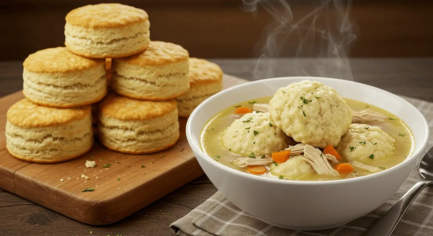 Delicious homemade chicken and dumplings with fluffy biscuits served in a bowl.