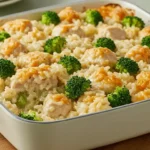 A freshly baked chicken and rice casserole with broccoli topped with melted cheese in a baking dish.