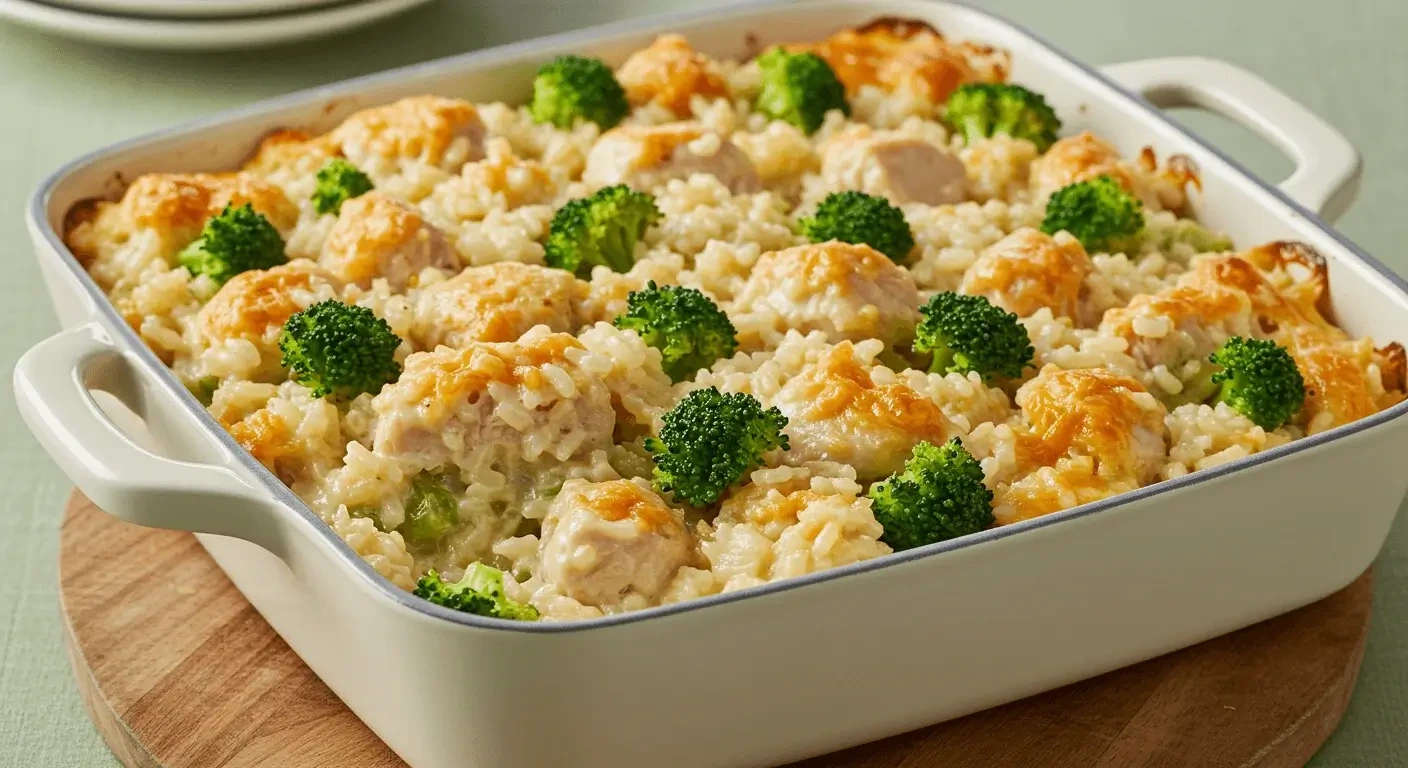 A freshly baked chicken and rice casserole with broccoli topped with melted cheese in a baking dish.