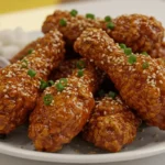 A plate of crispy Korean fried chicken garnished with sesame seeds and green onions, served with pickled radish on the side.