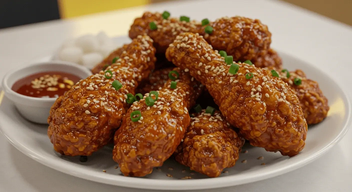 A plate of crispy Korean fried chicken garnished with sesame seeds and green onions, served with pickled radish on the side.