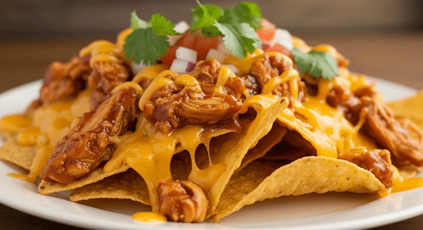 A plate of BBQ Chicken Nachos topped with melted cheese, shredded BBQ chicken, jalapeños, sour cream, and fresh cilantro.