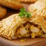 Golden, crispy chicken empanadas served on a plate with dipping sauces.