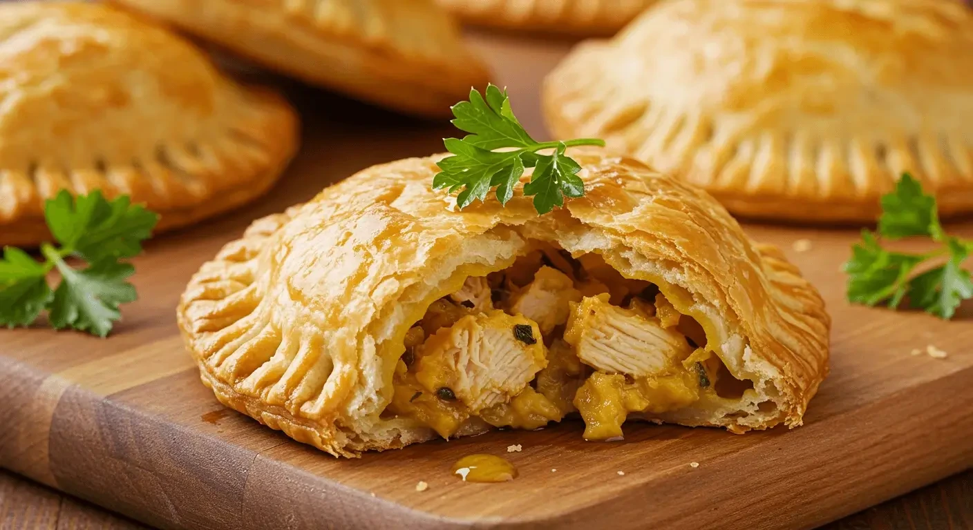 Golden, crispy chicken empanadas served on a plate with dipping sauces.