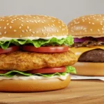 A juicy chicken burger with fresh lettuce, tomato, cheese, and a toasted bun, served on a wooden board with a side of crispy fries.