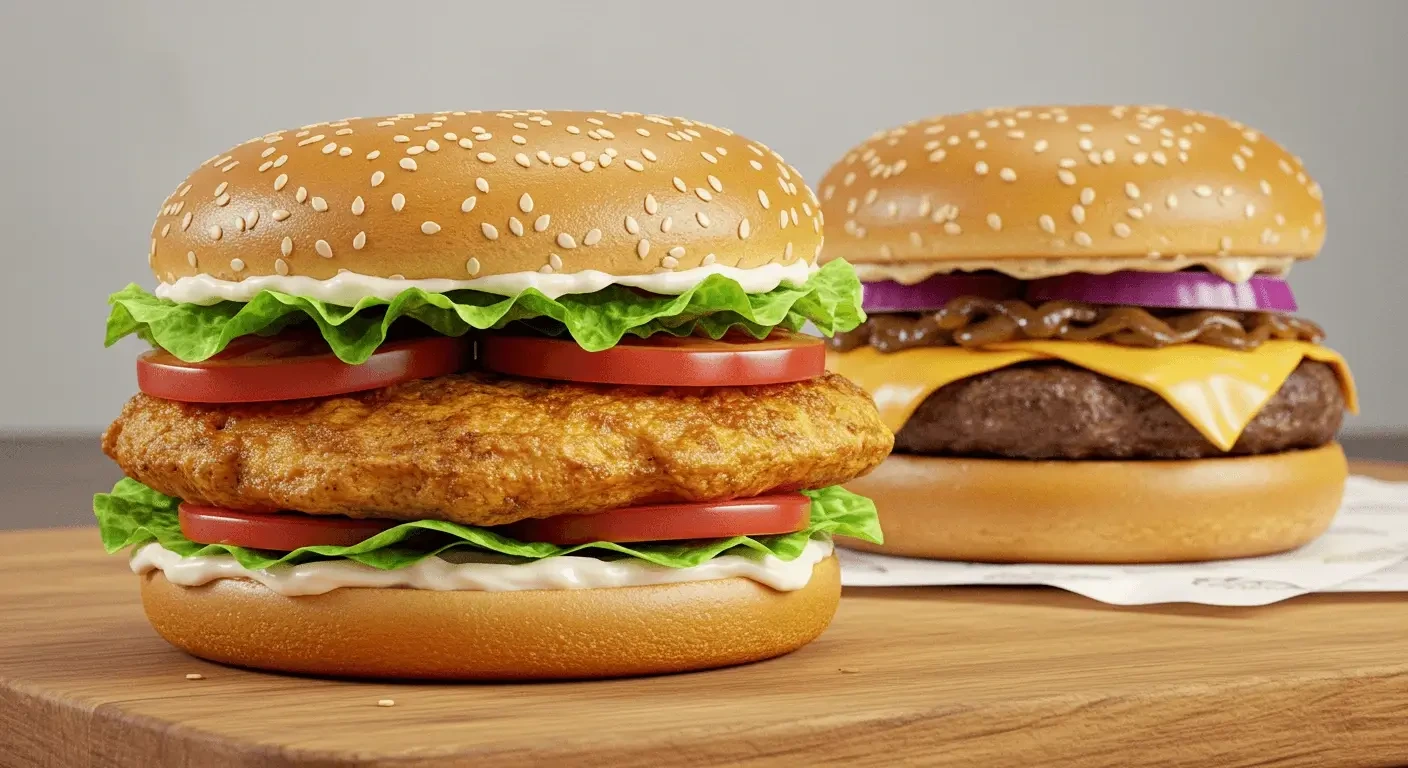 A juicy chicken burger with fresh lettuce, tomato, cheese, and a toasted bun, served on a wooden board with a side of crispy fries.