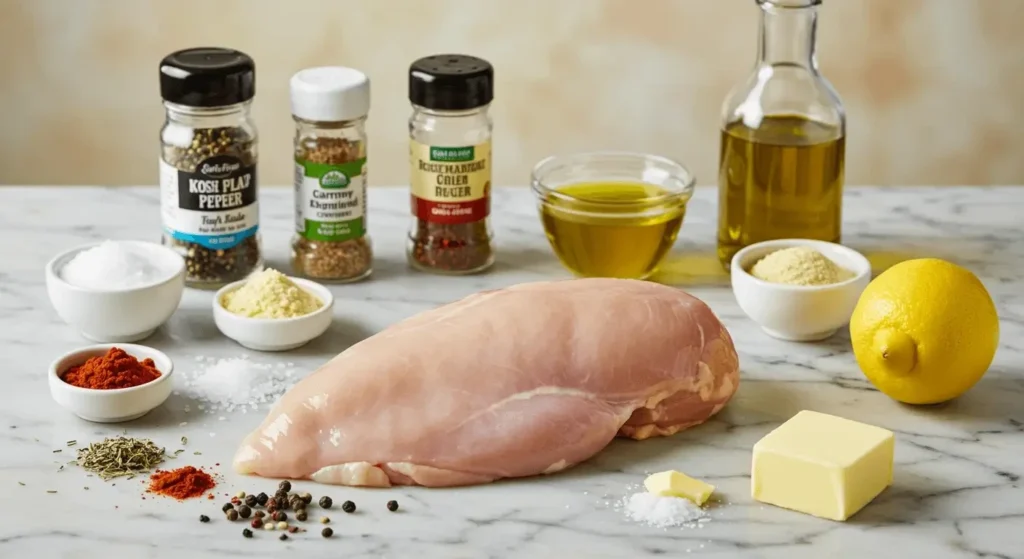 Essential ingredients for perfectly roasted chicken breast: chicken breast, olive oil, garlic, herbs, and spices.