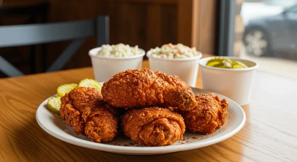 Spicy Nashville Hot Chicken with a crispy golden crust and pickles