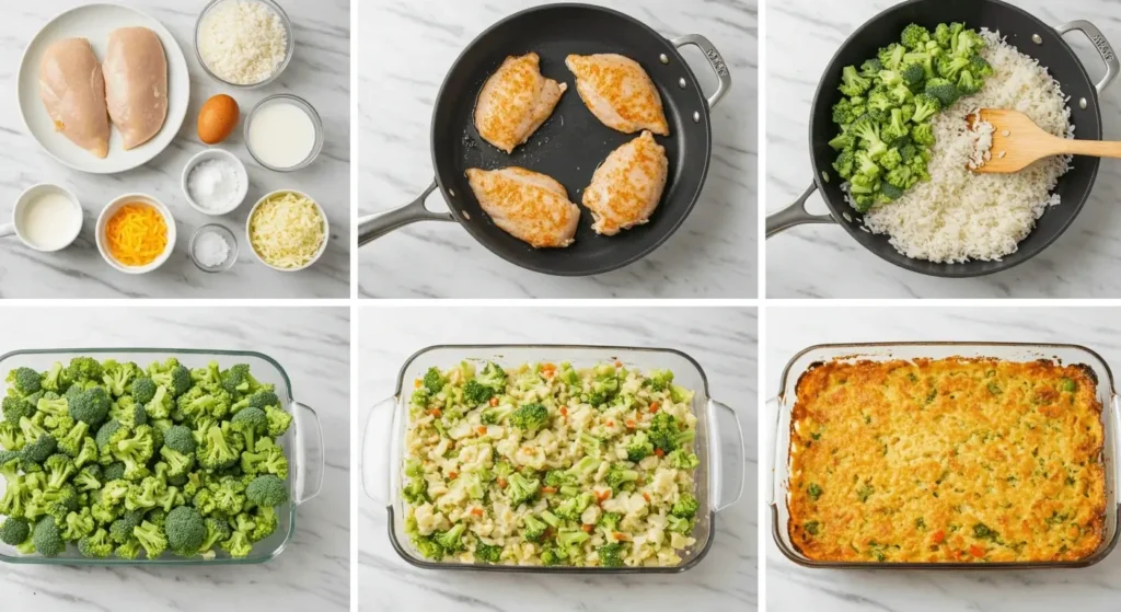 Step-by-step preparation of chicken and rice casserole with broccoli, showing ingredients being layered in a baking dish.