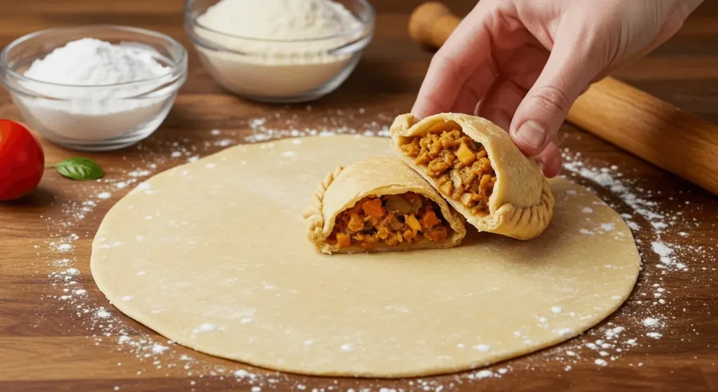 Step-by-step process of making perfect empanada dough, including rolling it out on a floured surface.