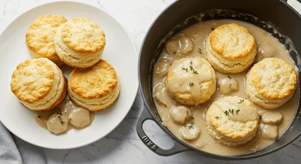 Key ingredients for chicken and dumplings with biscuits: chicken, vegetables, broth, and biscuit dough.