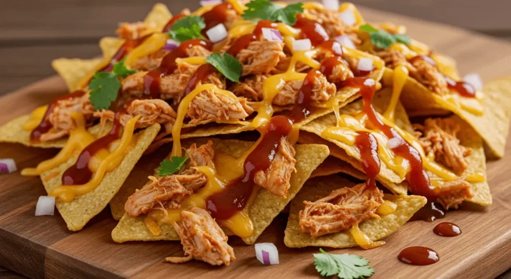 Close-up of BBQ Chicken Nachos topped with shredded BBQ chicken, melted cheese, jalapeños, sour cream, and fresh diced tomatoes.