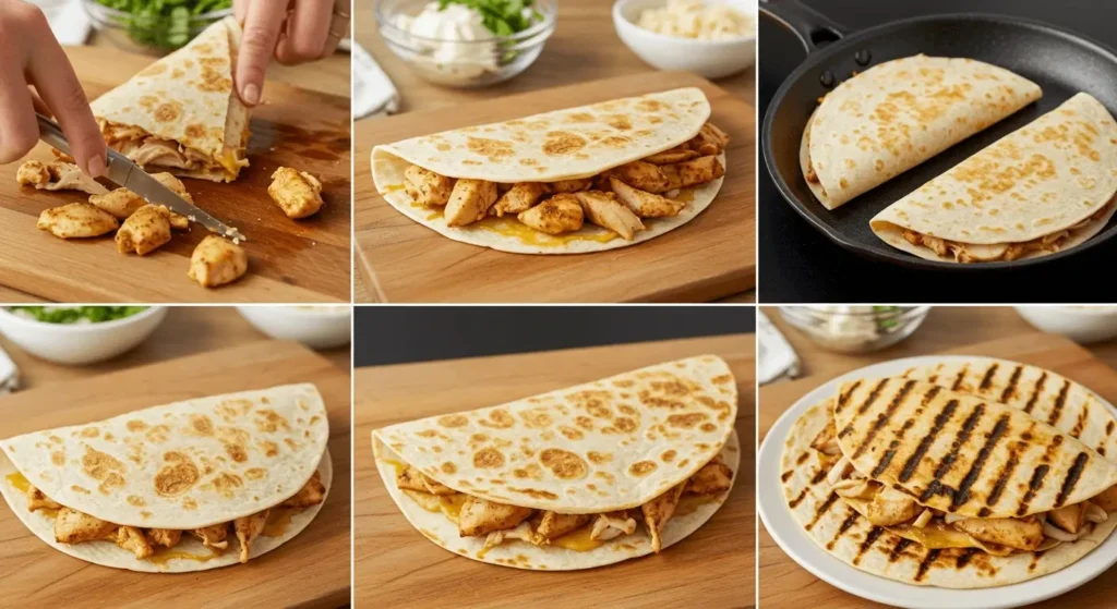 Step-by-step process of making chicken quesadillas, showing tortillas, seasoned chicken, cheese, and vegetables being assembled, cooked, and served.