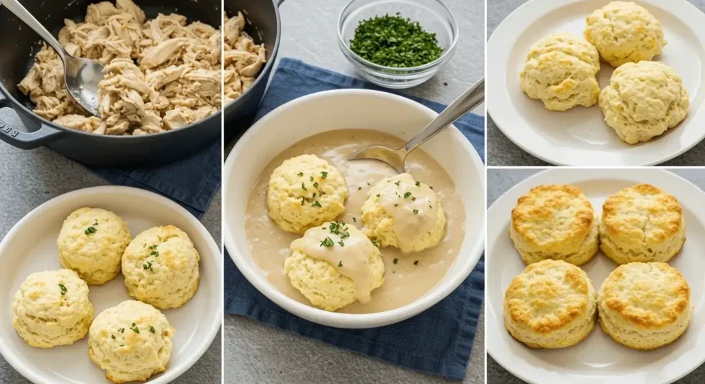 Step-by-step guide to making chicken and dumplings with biscuits: chicken, dumplings, biscuits, and broth.