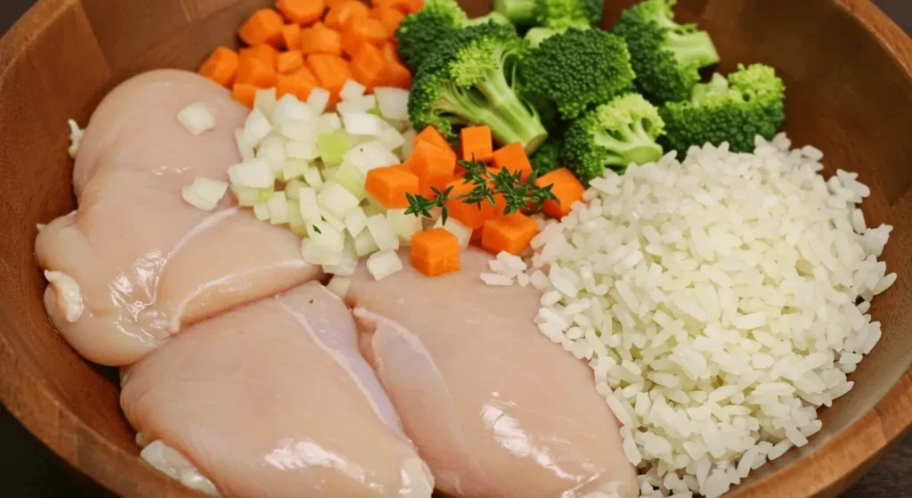 The key ingredients for chicken and rice casserole with broccoli, including chicken, rice, broccoli, cheese, and seasonings, arranged on a kitchen counter.