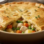 A freshly baked chicken pot pie with a golden, flaky crust served on a wooden table.