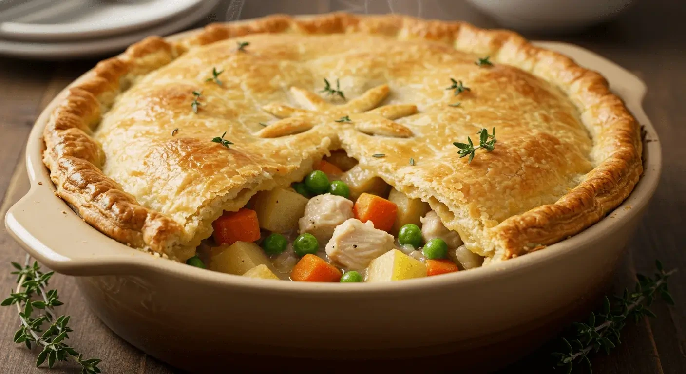 A freshly baked chicken pot pie with a golden, flaky crust served on a wooden table.