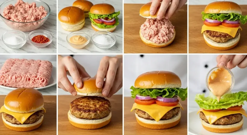 A delicious homemade chicken burger with fresh lettuce, tomato slices, melted cheese, and a toasted sesame seed bun, served on a wooden platter with a side of fries.